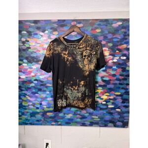 MEN'S SKULL AND CROWN GRAPHIC T SHIRT BLACK BLEACH ACID WASH size S